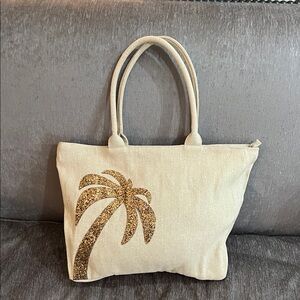 Palm Tree Glitter Tote Bag - Cream and Gold